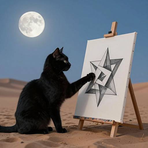 Photograph of a black cat painting a star on a canvas easel in a desert under a full moon.