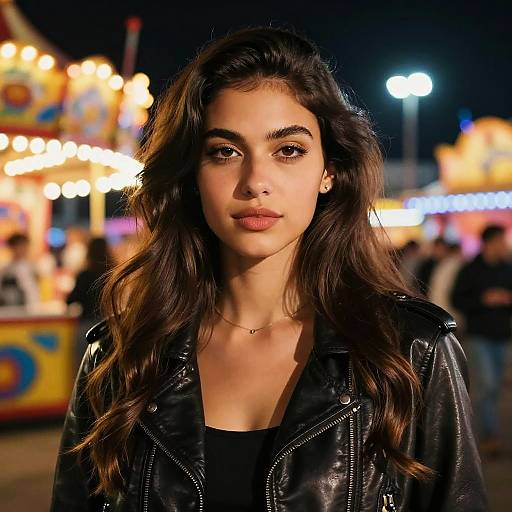 Photograph of a young woman with long, wavy brown hair, wearing a black leather jacket, standing in a brightly lit, colorful carnival at night