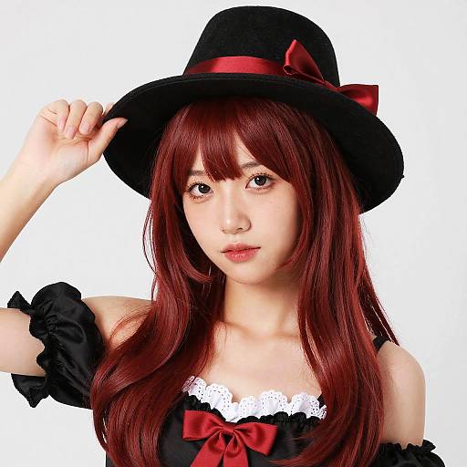 Woman in Costume with Red Wig and Black Hat