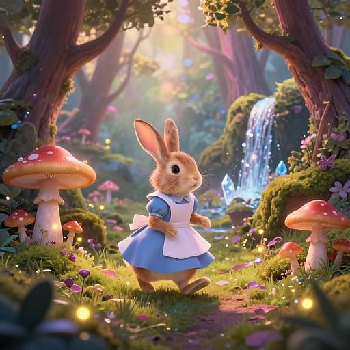 Digital illustration of a cute, anthropomorphic bunny in a blue dress and white apron, standing in a magical forest with glowing mushrooms, a waterfall,