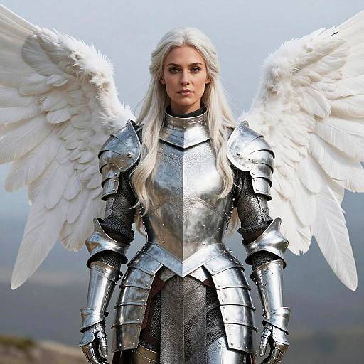 Photograph of a young, blonde woman with white angel wings, wearing shiny silver medieval armor, standing outdoors with a blurred mountain background.