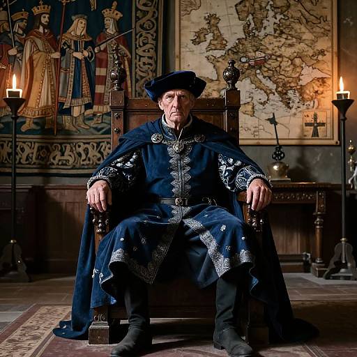 Photograph of an elderly white man in a dark, ornate medieval robe and hat, seated on a wooden throne in a dimly lit room with