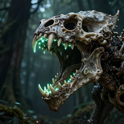 Photorealistic CGI of a glowing, grotesque, skeletal monster skull with jagged, neon-green teeth and eerie forest background. Dark, ominous atmosphere