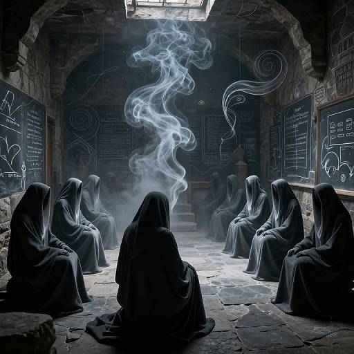 Mysterious hooded figures sit in a dark, stone-walled room, surrounded by chalk drawings and illuminated by swirling blue smoke. Digital artwork.