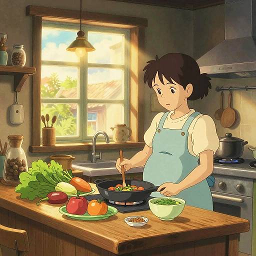 Pregnant Woman Cooking in Cozy Studio Ghibli Style Kitchen