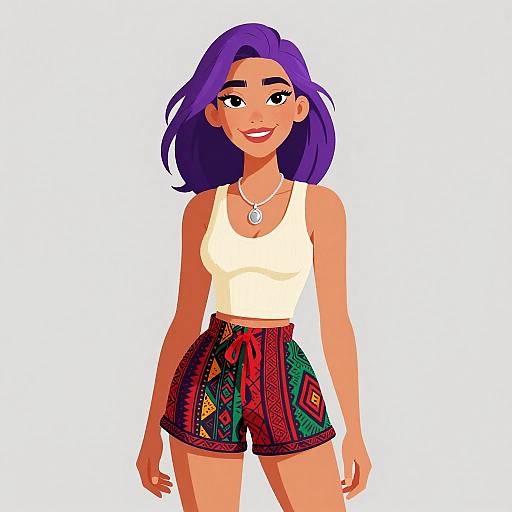 Digital illustration of a smiling woman with purple hair, wearing a white tank top and colorful, patterned high-waisted shorts, against a white background