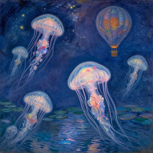 Whimsical digital painting of glowing jellyfish adorned with flowers, floating in a starry, blue night sky alongside a colorful hot air balloon.