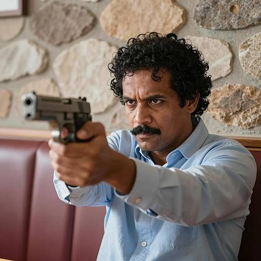 Determined Man in a Booth with Handgun