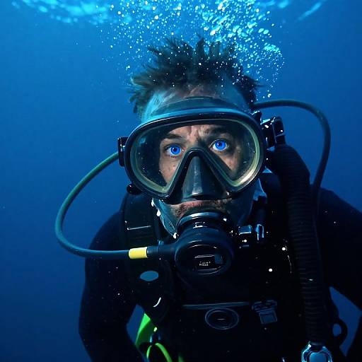 Photograph of a male scuba diver with blue eyes, wearing a black wetsuit, mask, and oxygen tank, underwater with bubbles.