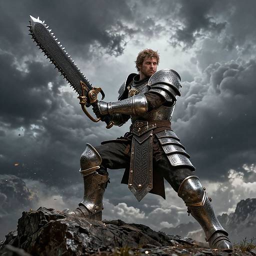 Photorealistic digital art of a fierce bearded warrior in silver armor, wielding a massive serrated sword, standing on rocky terrain under a stormy