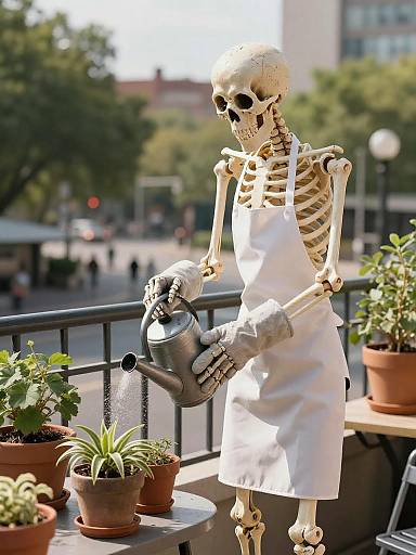 Skeleton Gardener on Urban Balcony