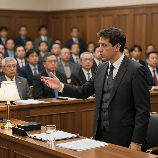 Dramatic Courtroom Scene with Gesturing Man