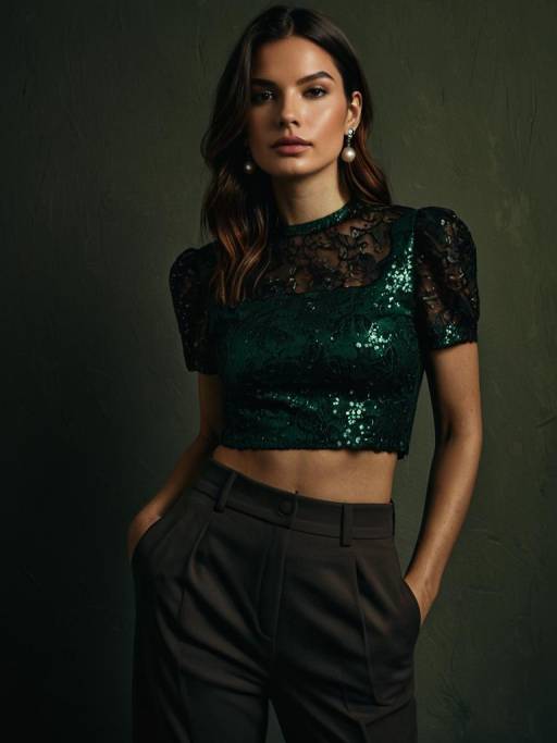Chic Woman in Black Sequined Crop Top and Tailored Trousers