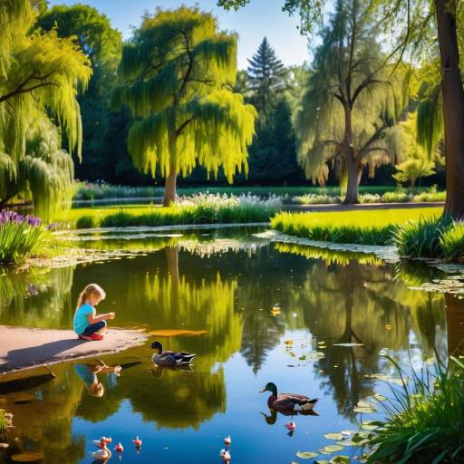 Child Feeding Ducks in Scenic Park