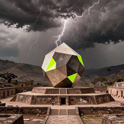Photorealistic CGI: metallic, geometric, neon-green cube under lightning strike, atop ancient stone structure, stormy sky, dark clouds, mountains,
