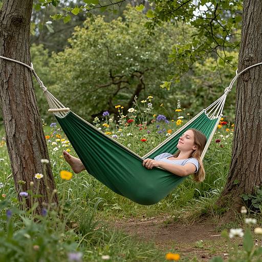 Woman Relaxing in Green Hammock Outdoors