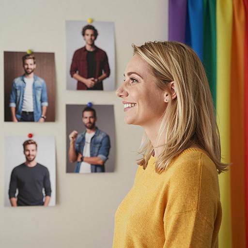 Smiling Woman in Yellow Sweater with Pinned Photos
