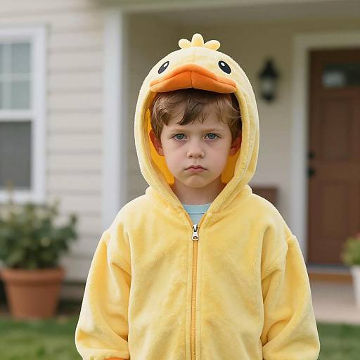 Young boy in yellow duck onesie costume