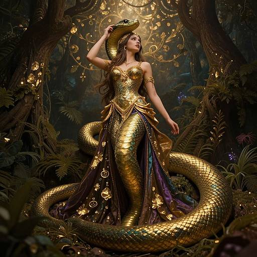 Fantasy digital artwork of a golden snake-woman in a lush forest, wearing a shimmering, ornate dress, with glowing lights and vines.