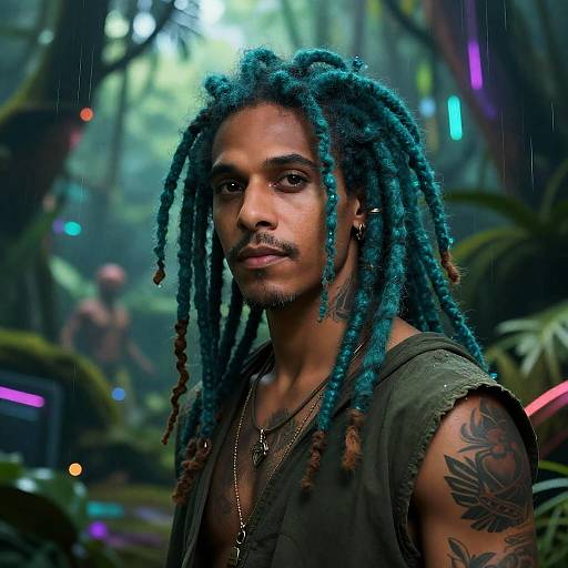 Nonbinary Teal Dreadlocks Futurist Portrait
