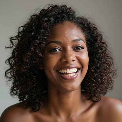 Photograph of a smiling Black woman with curly dark hair, glowing skin, and white teeth, against a plain gray background.