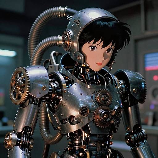 Digital illustration of a young woman with short black hair, wearing a shiny, metallic, robotic suit with gears and tubes, set in a dimly lit