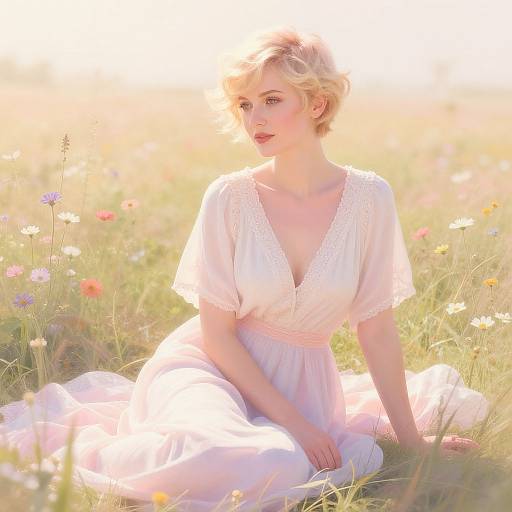 Blonde woman with fair skin, wearing a white, deep V-neck dress, sitting in a sunlit meadow filled with colorful wildflowers. Phot