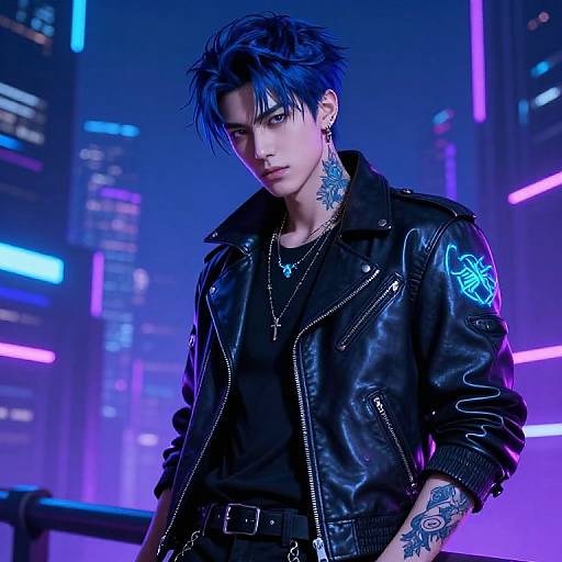 Digital artwork of a blue-haired, tattooed man with piercing eyes, wearing a black leather jacket with neon blue designs, in a neon-lit,