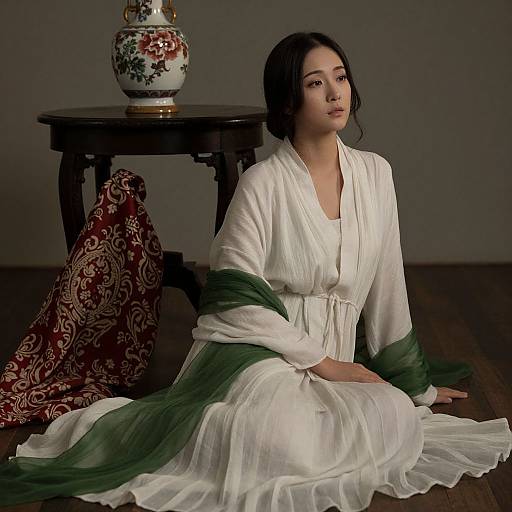 Photograph of an East Asian woman with long black hair, wearing a white and green traditional robe, sitting on wooden floor, beside a dark wooden table