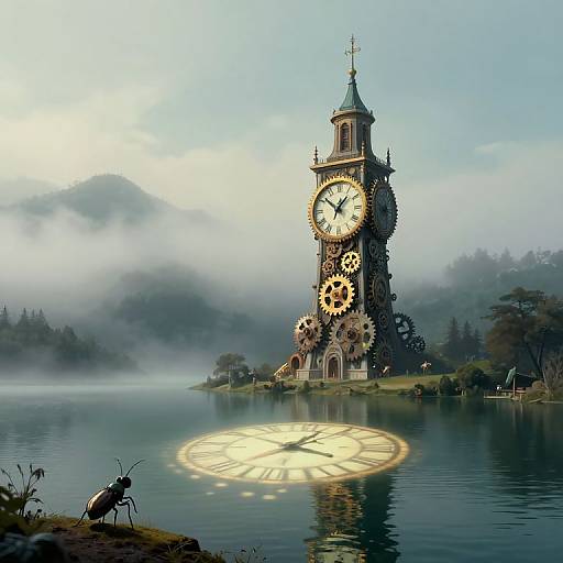 Fantasy photograph of a clock tower with gears, reflecting on misty lake, surrounded by trees, with an ant in foreground.