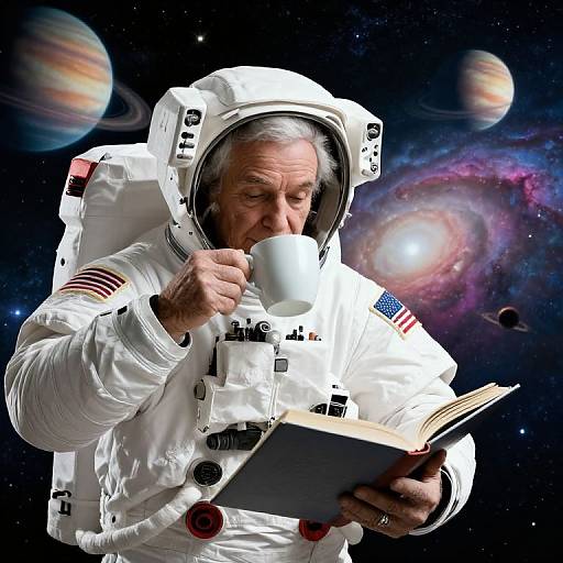 Elderly Astronaut Reading in Space