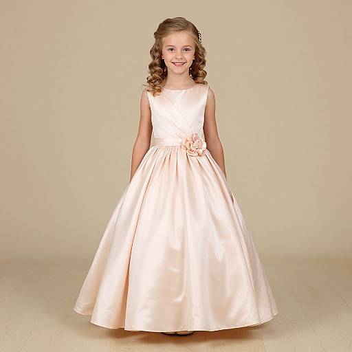 Photograph of a smiling young girl with curly blonde hair, wearing a white satin, sleeveless, full-length floral dress, standing against a plain beige