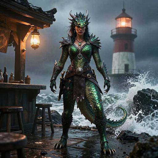Emerald Dragonborn Warrior at Stormy Lighthouse