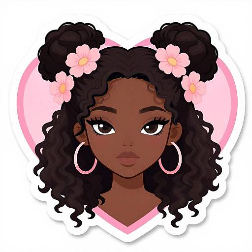 Digital illustration of a dark-skinned woman with curly black hair, pink flower hairpins, large hoop earrings, and pink heart background.