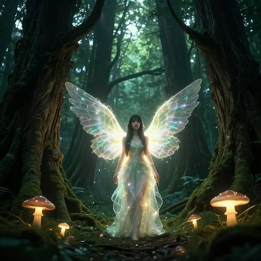 Mystical forest fairy with glowing wings, ethereal white dress, standing between glowing mushrooms, surrounded by dark, towering trees. Digital fantasy artwork.