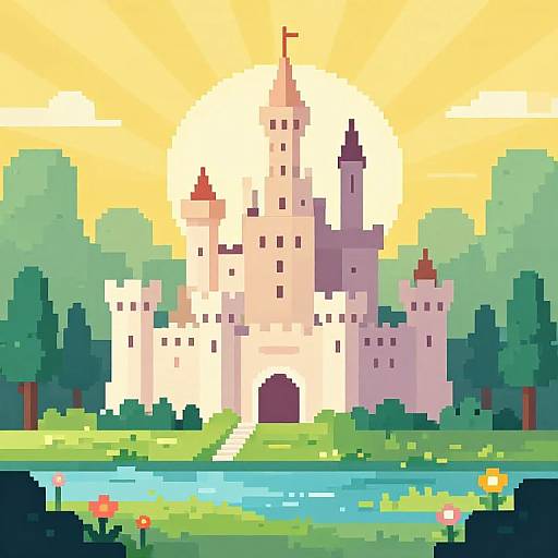 Pixel Art Castle with River and Forest