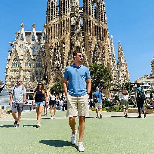 Photograph of a man in a blue polo and beige shorts walking in front of the Gothic-style Strasbourg Cathedral on a sunny day, with tourists and