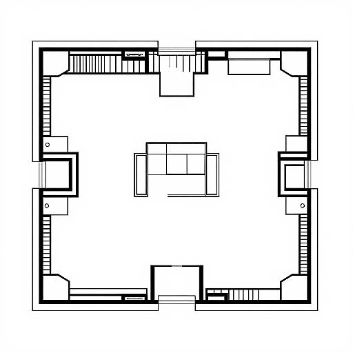 Black and white architectural floor plan of a rectangular room with various rectangular and square rooms, corridors, and doorways.