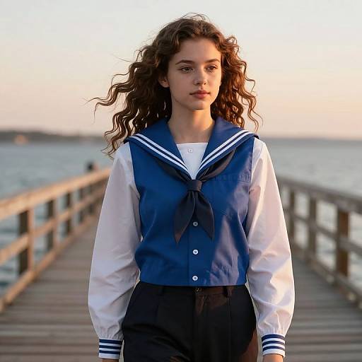 Photograph of a young woman with curly brown hair, wearing a blue and white sailor-style school uniform, standing on a wooden pier at sunset, with