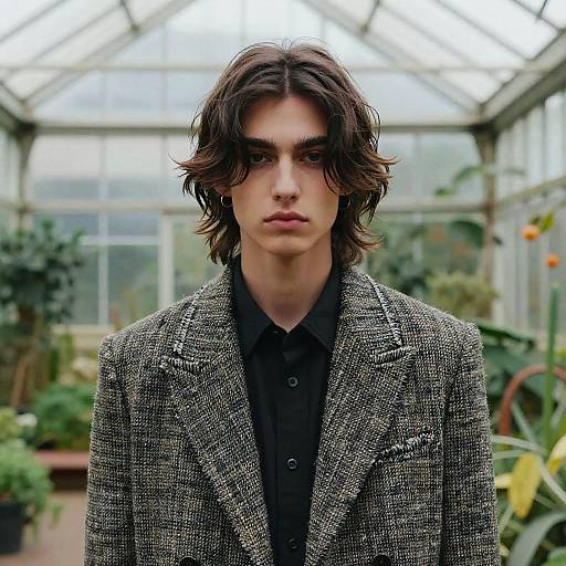Androgynous Model with Face-Framing Layers Hairstyle in Tweed Suit