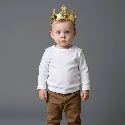 Photograph of a cute baby with fair skin, wearing a gold crown, white long-sleeve shirt, and brown pants, against a gray background