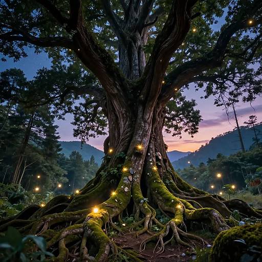 Photograph of a massive, ancient tree with gnarled roots, illuminated by glowing fairy lights, against a twilight forest and mountainscape.