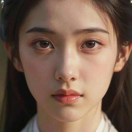 Close-up photograph of a young East Asian woman with fair skin, dark straight hair, brown eyes, and glossy pink lips, looking directly at the camera