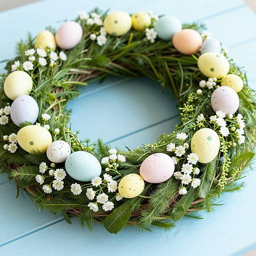 Photograph of a lush green wreath adorned with pastel-colored Easter eggs and small white daisies, set against a white wooden background.