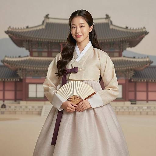 Korean Woman in Traditional Hanbok with Fan