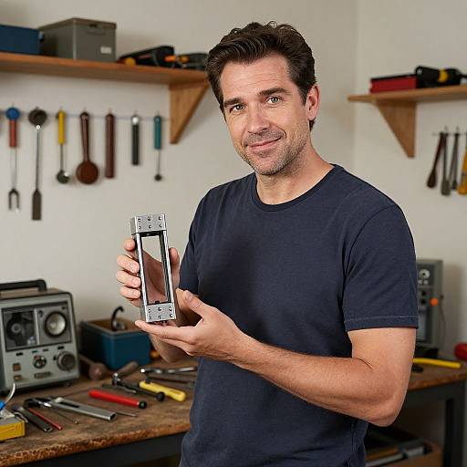 Photograph of a smiling, dark-haired man in a black t-shirt holding a smartphone, standing in a cluttered workshop with tools on shelves.