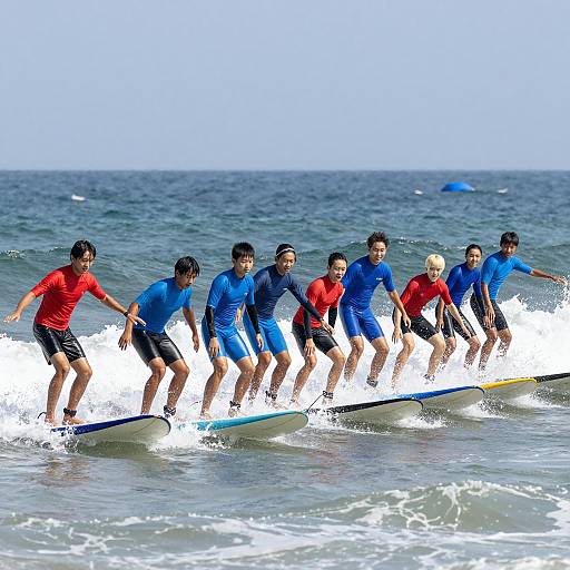 Group of Eleven Young People Surfing Together