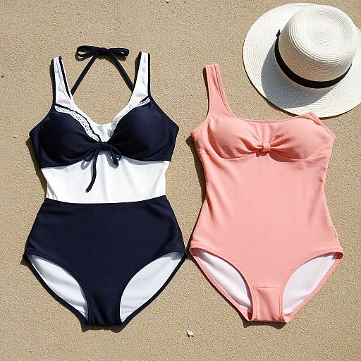Photograph of two one-piece swimsuits, one black and white, one coral, and a white sunhat on sandy beach.