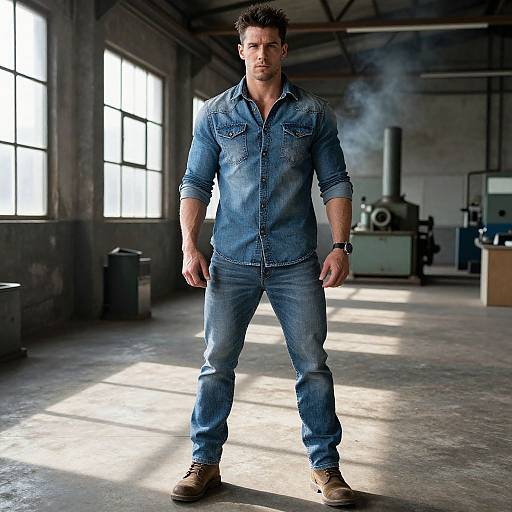 Confident Muscular Man in Industrial Warehouse