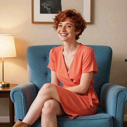 Smiling Redhead Woman in Coral Dress on Blue Armchair